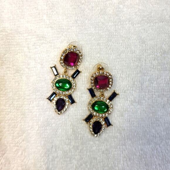 Multi-Color Jeweled Gem Statement Dangle Earrings – Gold Tone Rhinestone Drops - Picture 10 of 12